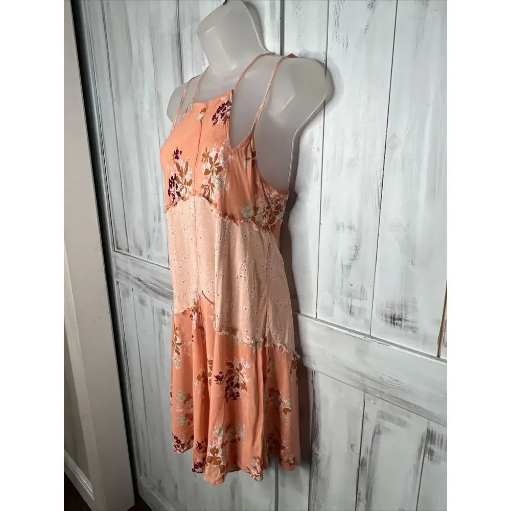 FREE PEOPLE PEACH WHITE FLORAL RAYON STRAPPY BOHO COTTAGE CRESCENT SLIP DRESS XS